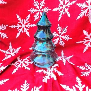 Green Glass Christmas Tree Shaped Candy Jar Container Vintage 7.5” Glass
